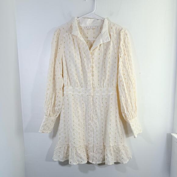 Karlie Ivory Embroidered Eyelet Balloon Sleeve Shirt Mini Dress Small - Picture 2 of 15
